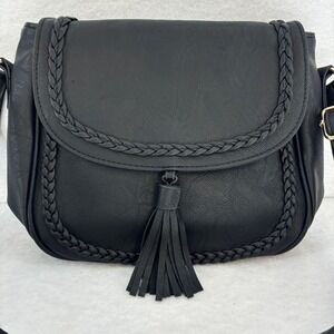 Black Faux Leather Crossbody Bag with Braided Flap &‎ Tassel Purse KK Xiu